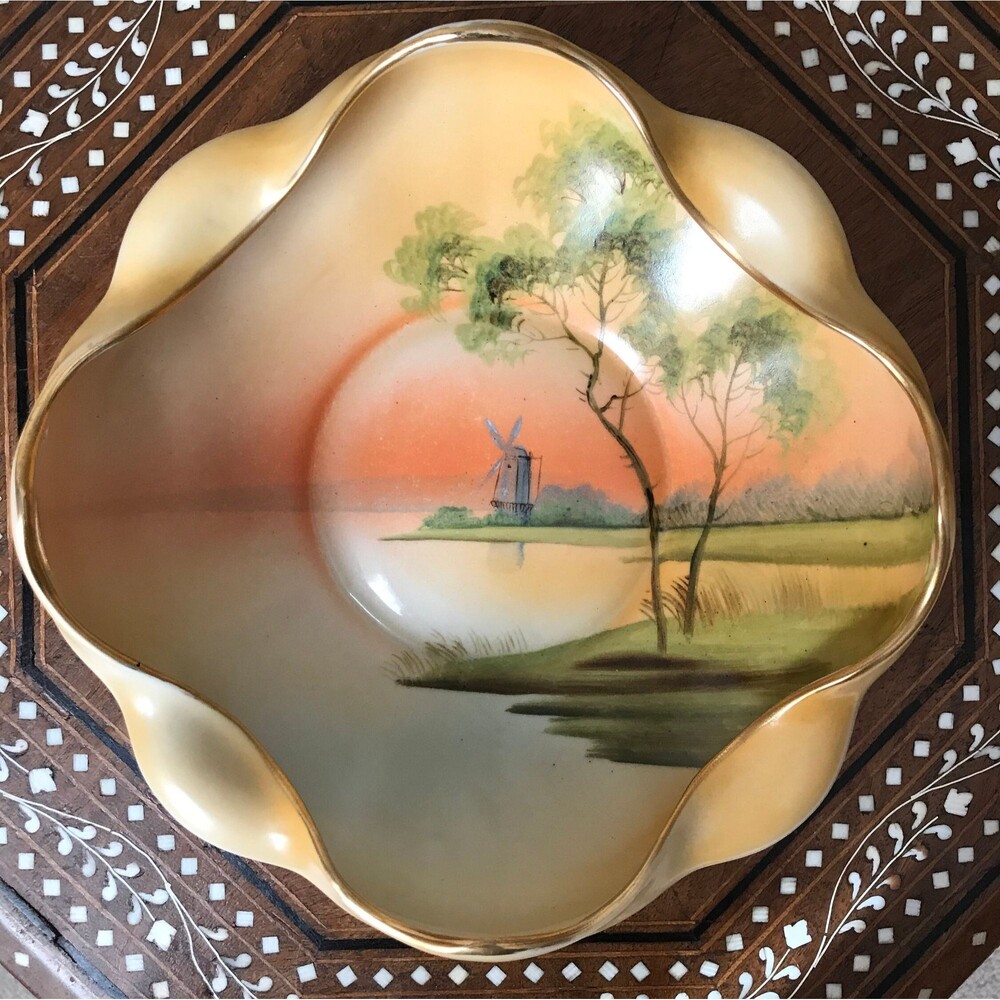 Vintage Nippon Ruffled Hand Painted Bowl Lake Scene Windmill